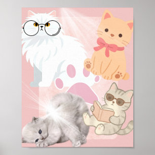 Süße Kawaii-Katzen & Pfotenabdruck-Kunstposter L Poster