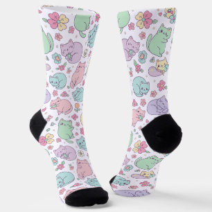Süße Kawaii-Katzen und Frühlingsblumen Muster Socken