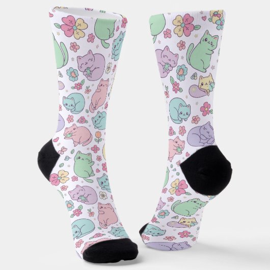 Süße Kawaii-Katzen und Frühlingsblumen Muster Socken (Gewinkelt)