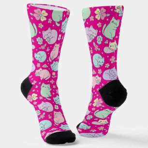 Süße Kawaii-Katzen und Frühlingsblumen-Muster Socken