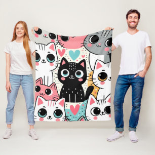 Süße Kawaii-Katzengesichter und Herzen Whimsical Fleecedecke