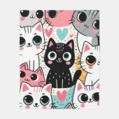 Süße Kawaii-Katzengesichter und Herzen Whimsical Fleecedecke (Vorderseite)