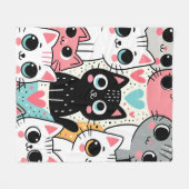 Süße Kawaii-Katzengesichter und Herzen Whimsical Fleecedecke (Vorderseite (Horizontal))