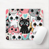 Süße Kawaii-Katzengesichter und Herzen Whimsical Mousepad (Mit Mouse)