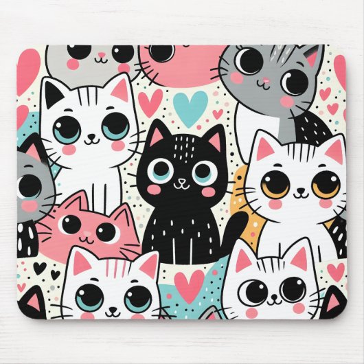 Süße Kawaii-Katzengesichter und Herzen Whimsical Mousepad (Vorne)