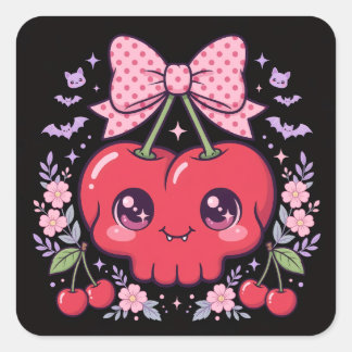 Süße Kawaii Kirsch-Schädel-Aufkleber | Spuky Coque Quadratischer Aufkleber