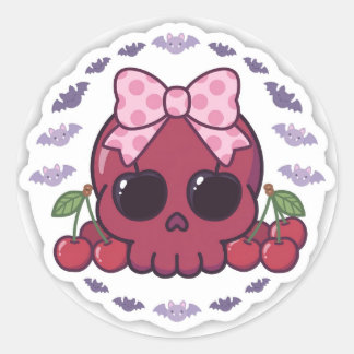 Süße Kawaii Kirsch-Schädel-Rundaufkleber | Rosa Sc Runder Aufkleber