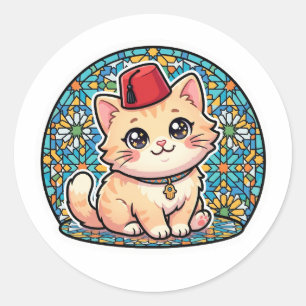 Süße Kawaii-Marokkanische Katze mit rotem Tarboush Runder Aufkleber