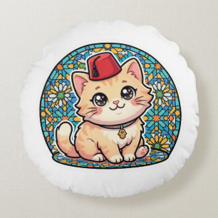 Süße Kawaii-Marokkanische Katze mit rotem Tarboush Rundes Kissen