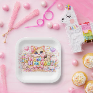 Süße Kawaii-Mit-Liebe-Gemachte-Katzen-Name-Pastell Pappteller