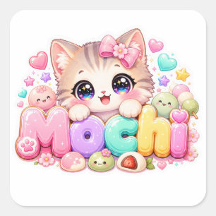 Süße Kawaii Mochi-Katze Name Pastellrosa Funkelnd  Quadratischer Aufkleber