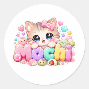Süße Kawaii Mochi-Katze Name Pastellrosa Funkelnd  Runder Aufkleber