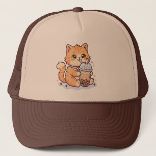 Süße Kawaii Orange Tabby Katze trinkt Boba Bubble  Truckerkappe