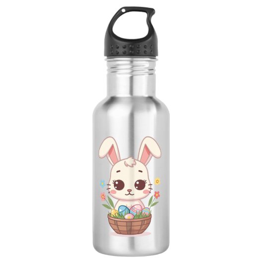 Süße Kawaii-Osterhasen-Korbbebilder Edelstahlflasche (Vorderseite)