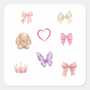 Süße Kawaii-Pastell-Schleifen Hase Schmetterling H Quadratischer Aufkleber