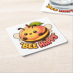 Süße Kawaii Pfirsich Biene Glücklich Lustiger Wort Rechteckiger Pappuntersetzer