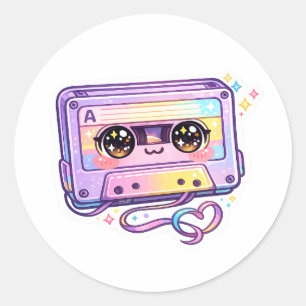 Süße Kawaii Retro-Kassette Tonband Pastell-Lila Mu Runder Aufkleber
