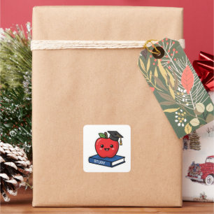 Süße Kawaii Rote Apfel mit Abschlussmütze Smart Quadratischer Aufkleber