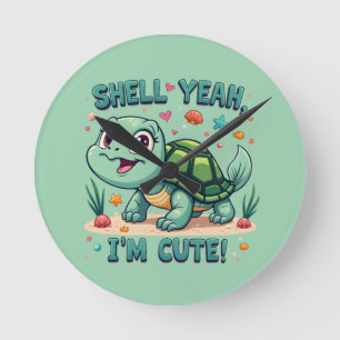Süße Kawaii-Schildkröte mit lustigem Wortspiel und Runde Wanduhr