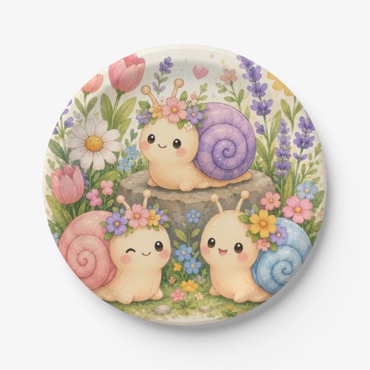 Süße Kawaii-Schnecken mit Blumen Pappteller (Vorderseite)