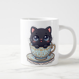 Süße Kawaii-Schwarze Katze in einer Vintage-Blumen Jumbo-Tasse