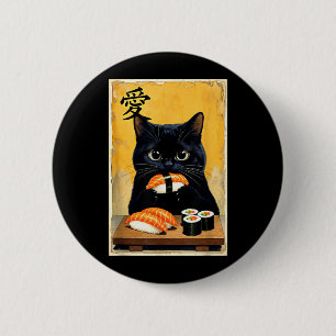 Süße Kawaii-Schwarze Katze isst Sushi Lustige Japa Button