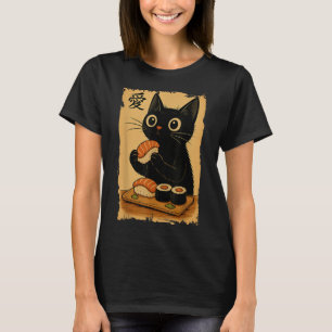 Süße Kawaii schwarze Katze isst Sushi lustige japa T-Shirt
