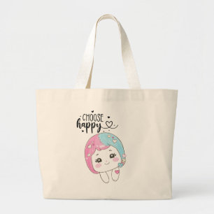 Süße Kawaii-„Wähle Glücklich“  – Liebenswerte Posi Jumbo Stoffbeutel