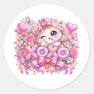 Süße Kawaii XOXO Katze Pastell Rosa Romantische Li Runder Aufkleber