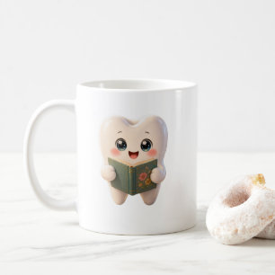 Süße Kawaii-Zahnfigur liest Buch Tasse