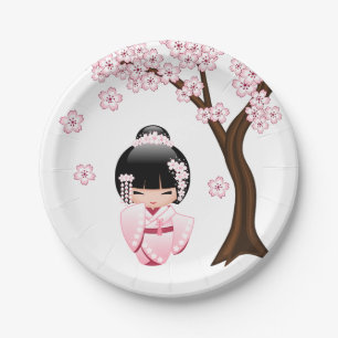Süße Kimono Kawaii Kokeshi-Puppe Pappteller