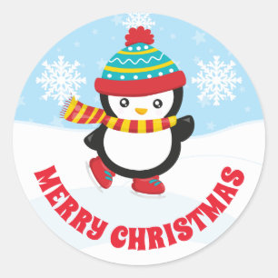 Süße Kinder Eislaufen Pinguin Frohe Weihnachten Runder Aufkleber