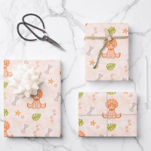 Süße Kinder Geburtstag Orange Dinosaurier Geschenkpapier Set (Vorderseite)