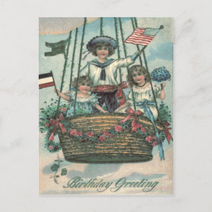 Süße Kinder Heißluftballon Rosen Postkarte