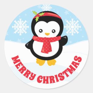 Süße Kinder Rote Stirnband Pinguin Frohe Weihnacht Runder Aufkleber