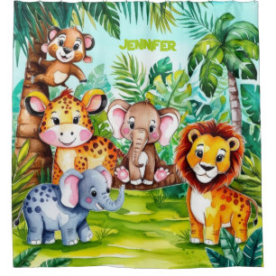 Süße Kinder Safari Dschungeltiere Personalisierter Duschvorhang