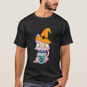 Süße Kinderkatze trinkt Boba Faules Halloween-Kost T-Shirt