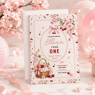 Süße Kirschblüten zum 1. Geburtstag Mädchen-Party Einladung