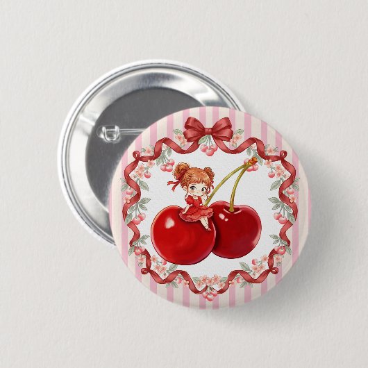 Süße Kirsche Rosa Kokette Rotes Band Süßes Mädchen Button (Vorne & Hinten)
