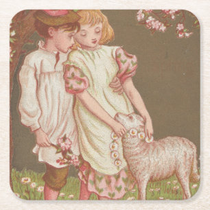 Süße kitschige Vintage-Valentinsgrüße, Kinder mit Rechteckiger Pappuntersetzer