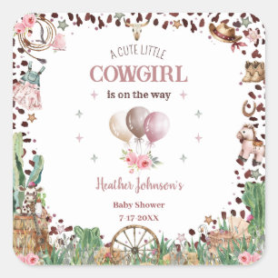 Süße kleine Cowgirl Western-Aquarell-Baby-Party Quadratischer Aufkleber
