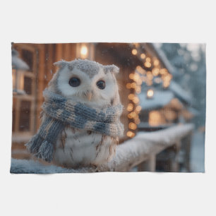 Süße kleine Eule mit gestrickter Winter-Schal  Geschirrtuch