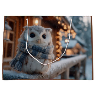 Süße kleine Eule mit gestrickter Winter-Schal Große Geschenktüte