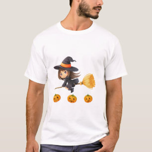 Süße kleine Hexe fliegt auf Besen Frohes Halloween T-Shirt