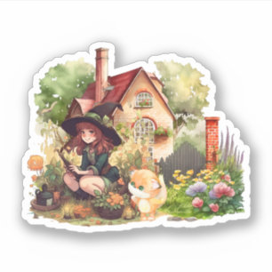 Süße kleine Hexe und Fuchs Aufkleber
