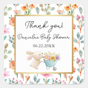 Süße kleine Kaninchen Wildblumen Baby Shower Quadratischer Aufkleber