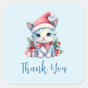 Süße kleine Katze mit Weihnachtsmannmütze - Weihna Quadratischer Aufkleber