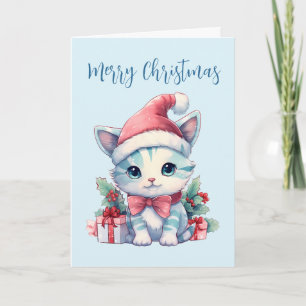 Süße kleine Katze mit Weihnachtsmannmütze zu Weihn Feiertagskarte