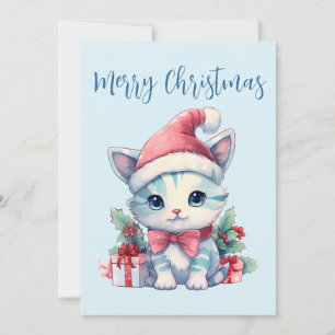 Süße kleine Katze mit Weihnachtsmannmütze zu Weihn Feiertagskarte