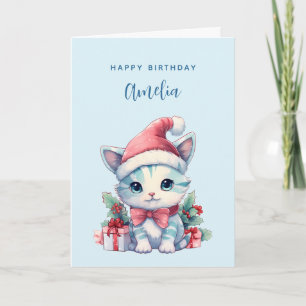 Süße kleine Katze mit Weihnachtsmannmütze zu Weihn Karte